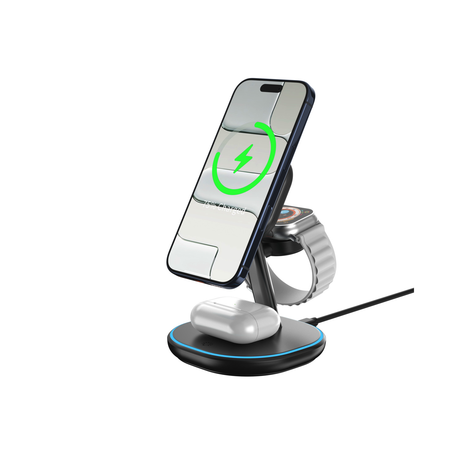 3-i-1 Magnetisk Trådløs Oplader Stand Qi2 15W Til iPhone, Apple Watch & TWS Høretelefoner