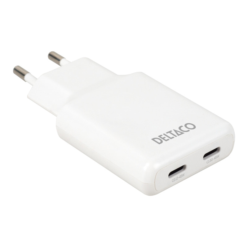 USB-C vægoplader 45 W, 2x USB-C PD, slank størrelse, samlet effekt 45 W