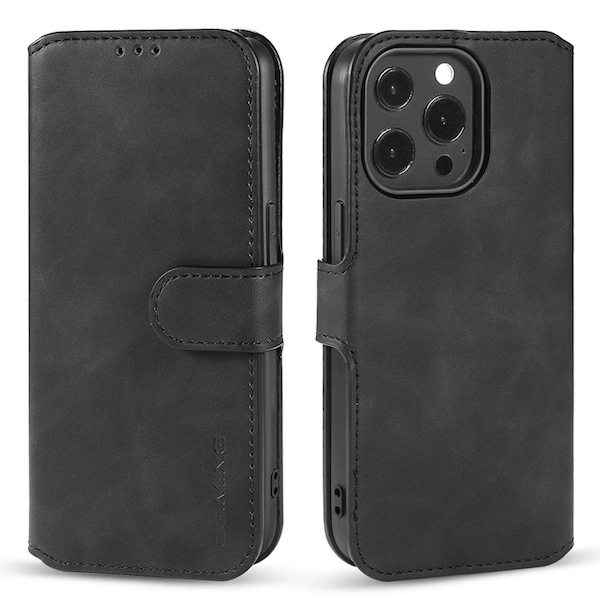 iPhone 14 Pro Max, Lædercase med plads til kreditkort i Sort