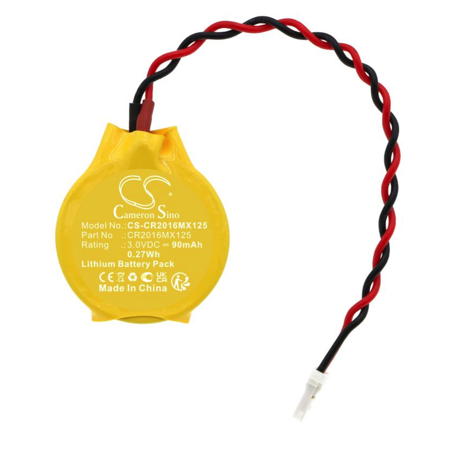 CR2016 3V Backup Batteri m. Kabel & Stik Lithium 90 mAh