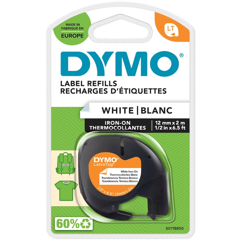 Dymo LetraTAG - Tape, "stryg-på-tape'', White/Black, 12mm x 2m