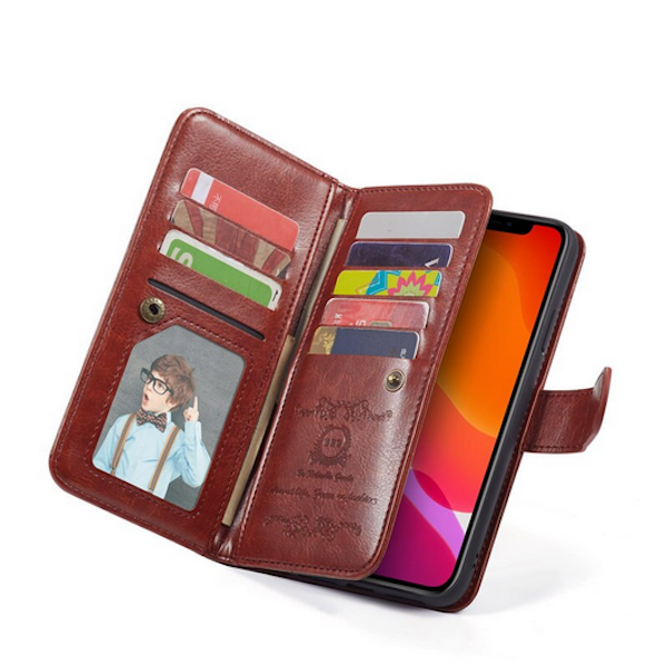 iPhone 15 Pro, Deluxe lædercover med plads til kreditkort i Brun