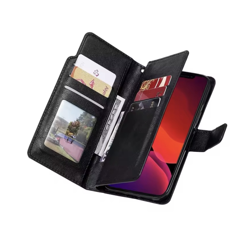 iPhone 15 Pro Max, Lædercover med plads til kreditkort i sort (9 kort)