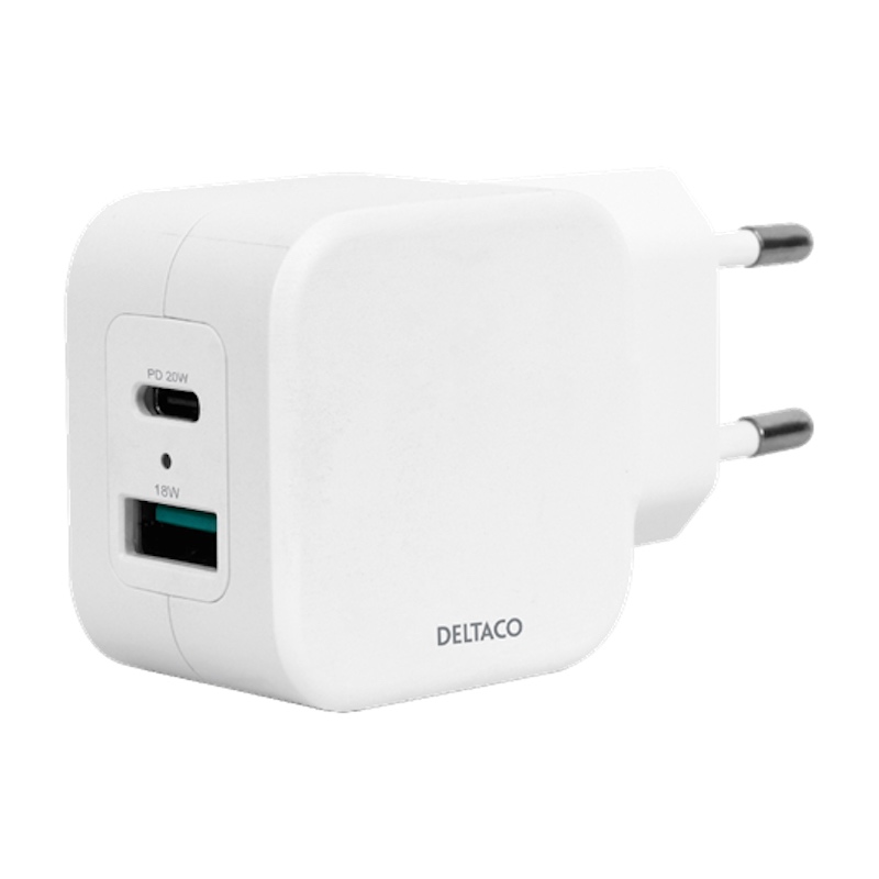 Dual USB-vægoplader, USB-A & USB-C Strømforsyning 20 W, hvid