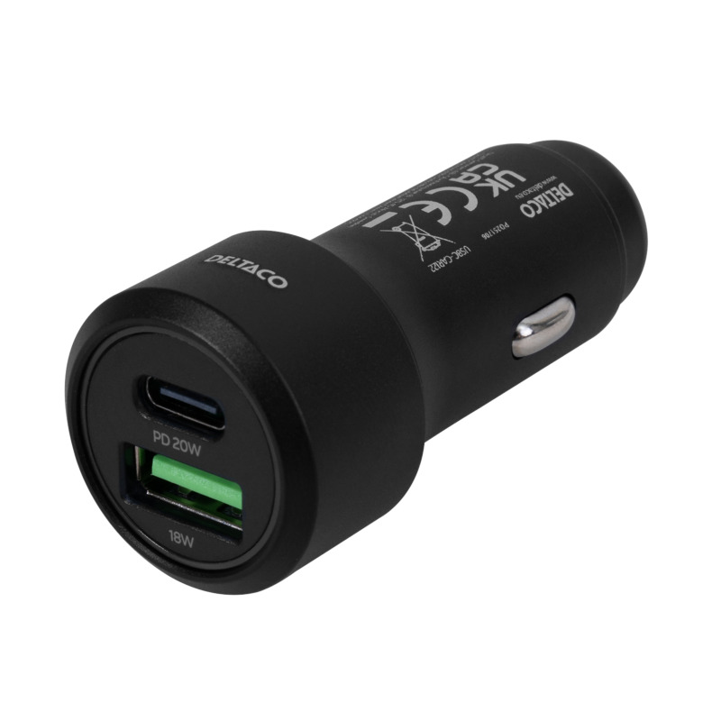 Biloplader 12/24V, 1x USB-C, PD 20 W, 1x USB-A, 18 W, 38W, sort
