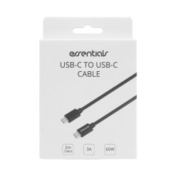 USB-C til USB-C kabel, 2m, 60W, 3A, Sort