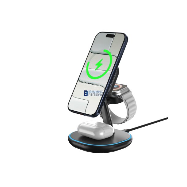 3-i-1 Magnetisk Tr�dl�s Oplader Stand Qi2 15W &ndash; Til iPhone, Apple Watch & TWS H�retelefoner 