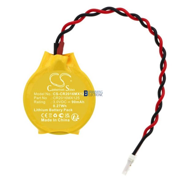 CR2016 3V Backup Batteri m. Kabel & Stik &ndash; Lithium 90 mAh