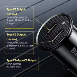 Baseus Bil lader, 2xUSB-C 3.5A i Sort
