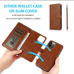 iPhone 13 / 14, 2i1 magnet ldercover med plads til kreditkort i Brun (Ny model)