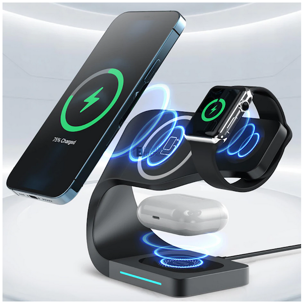 4i1 magnet oplader med buet stativ, 15W, Qi, sort