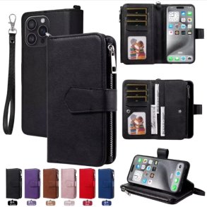 iPhone 13 Pro, Luksus ldercover med plads til 8 kreditkort (Sort)