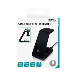 3-i-1 Tr�dl�s Oplader Stand 15W &ndash; Qi Oplader til Smartphone, Apple Watch & H�retelefoner