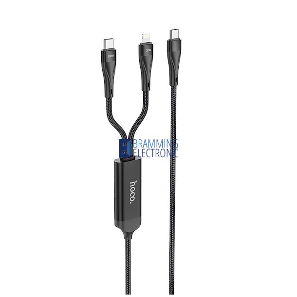 Hoco USB-C til USB-C+Lightning kabel, 1.5m, 100W, 3A, sort