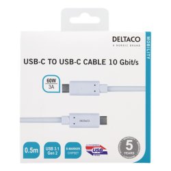 USB-C til USB-C kabel, 0.5m, 60W 3A, USB 3.1 Gen 2, E-Marker, hvid