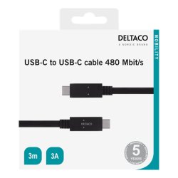 USB-C til USB-C kabel, 3m, 5 Gbit/s, 3A, sort