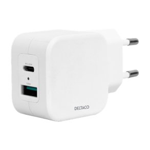 Dual USB-vgoplader, USB-A & USB-C Strmforsyning 20 W, hvid