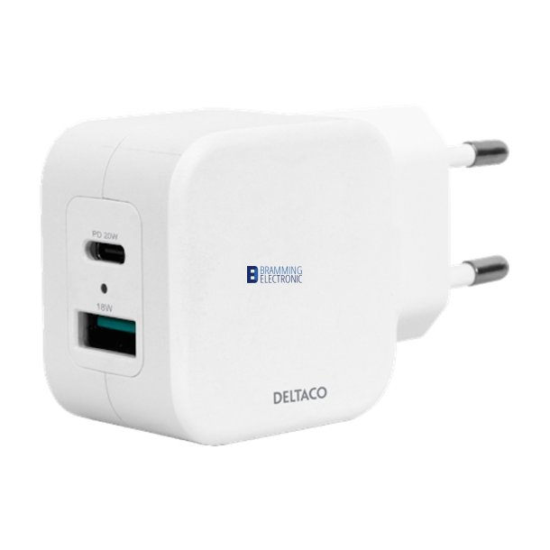 Dual USB-vgoplader, USB-A &amp; USB-C Strmforsyning 20 W, hvid