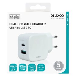 Dual USB-vgoplader, USB-A &amp; USB-C Strmforsyning 20 W, hvid