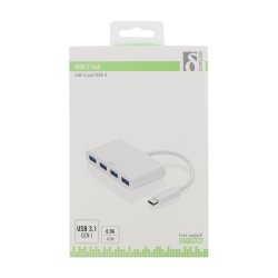 USB 3.1 Gen 1 hub, USB-C han til 4xUSB Type A hun, 5 Gbps, hvid