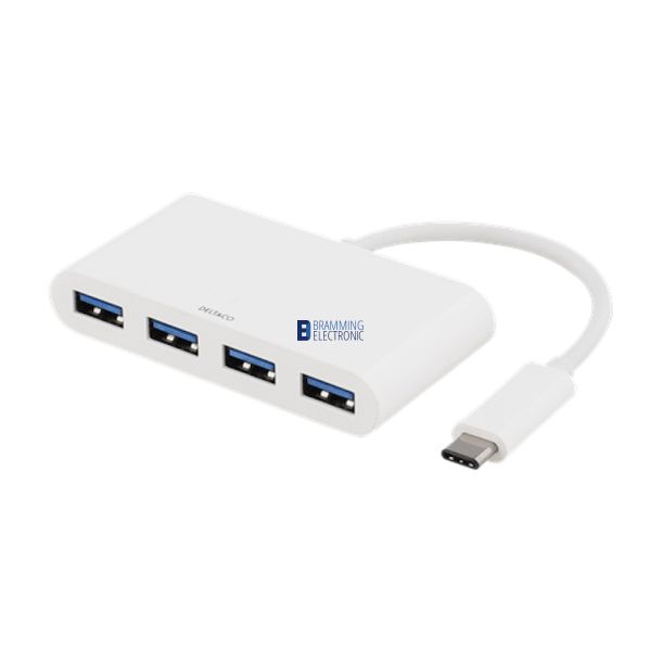 USB 3.1 Gen 1 hub, USB-C han til 4xUSB Type A hun, 5 Gbps, hvid