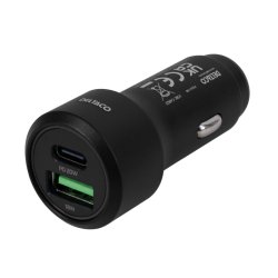 Biloplader 12/24V, 1x USB-C, PD 20 W, 1x USB-A, 18 W, 38W, sort 