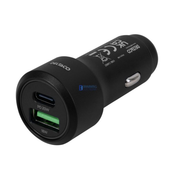 Biloplader 12/24V, 1x USB-C, PD 20 W, 1x USB-A, 18 W, 38W, sort 