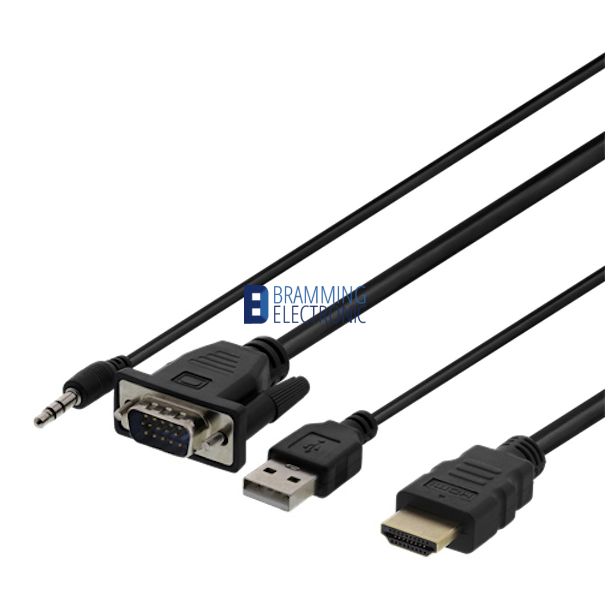 Ni procedure maksimum VGA med lyd til HDMI-kabel, VGA / HDMI / USB / 3,5 mm, 1920x1080 ved 60Hz,  1m, sort - HDMI Kabler - Bramming Electronic ApS