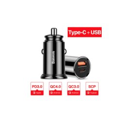 Baseus Bil lader, USB-A / USB-C i Sort