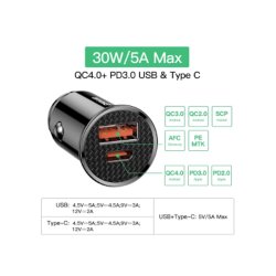 Baseus Bil lader, USB-A / USB-C i Sort