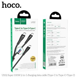 Hoco USB-C til 2xUSB-C kabel, 1.5m, 100W, 3A, sort