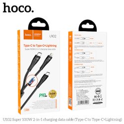 Hoco USB-C til USB-C+Lightning kabel, 1.5m, 100W, 3A, sort