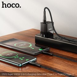 Hoco USB-C til 2xUSB-C kabel, 1.5m, 100W, 3A, sort