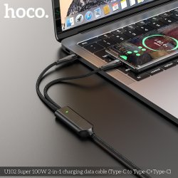 Hoco USB-C til 2xUSB-C kabel, 1.5m, 100W, 3A, sort
