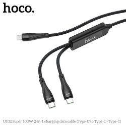 Hoco USB-C til 2xUSB-C kabel, 1.5m, 100W, 3A, sort