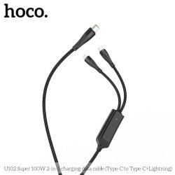 Hoco USB-C til USB-C+Lightning kabel, 1.5m, 100W, 3A, sort