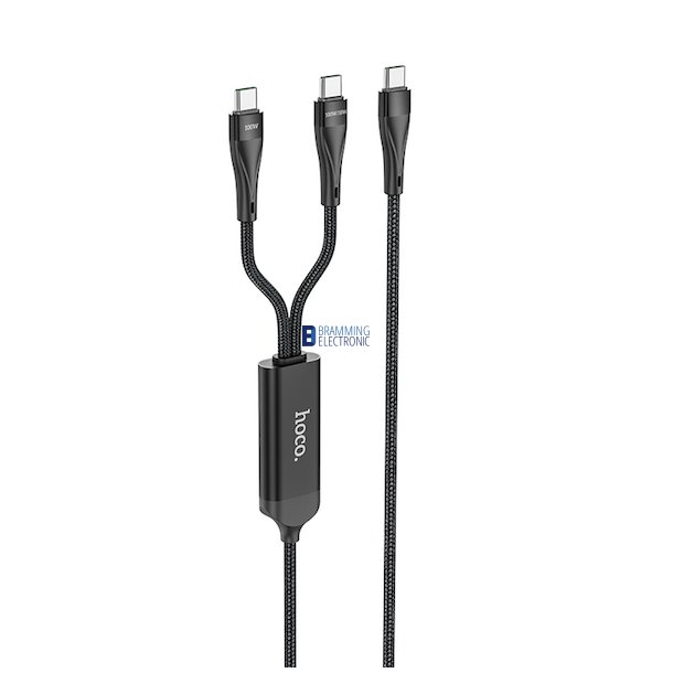 Hoco USB-C til 2xUSB-C kabel, 1.5m, 100W, 3A, sort