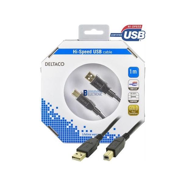 USB 2.0 han - Type B han, guldbelagt stik, 1m, sort - USB / USB-C Kabler - Bramming Electronic ApS